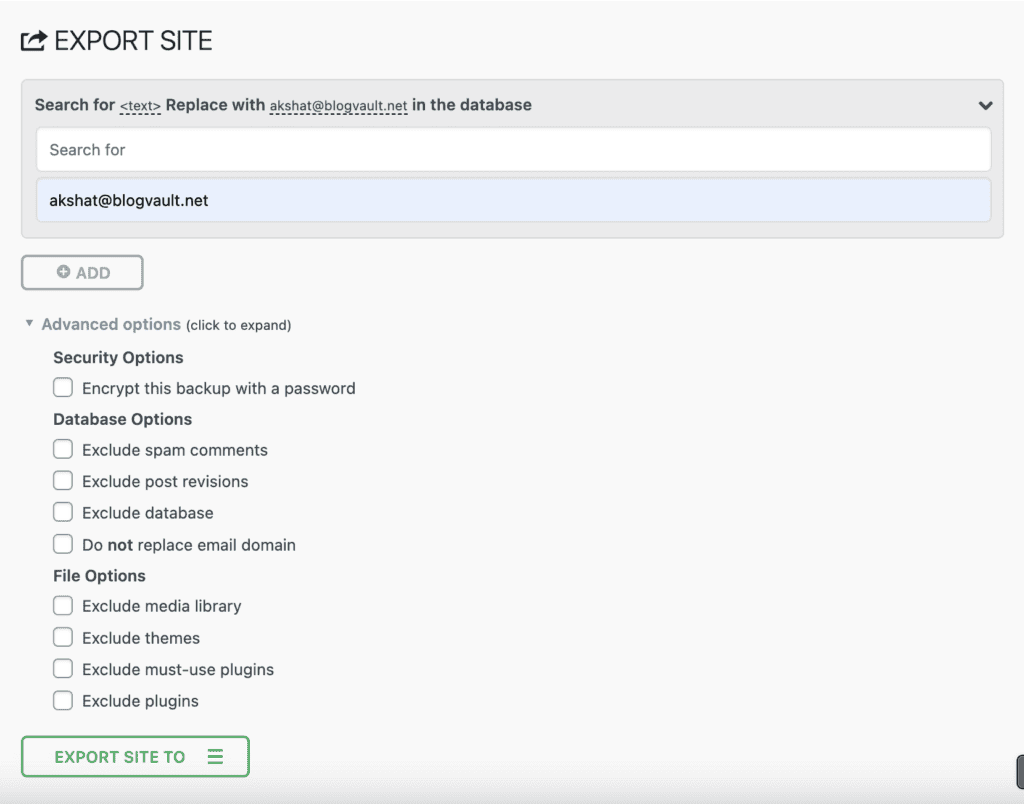 All in one WP migration export section